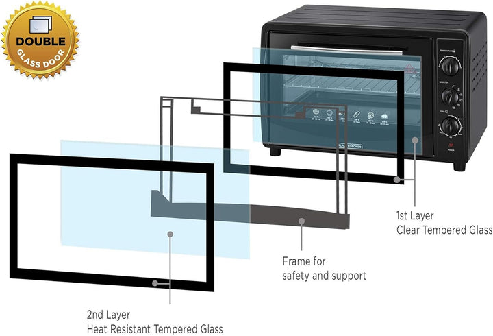 Black & Decker 45L Double Glass Multifunction Toaster Oven with Rotisserie for Toasting/Baking/Broiling Black TRO45RDG-B5 2 Years Warranty